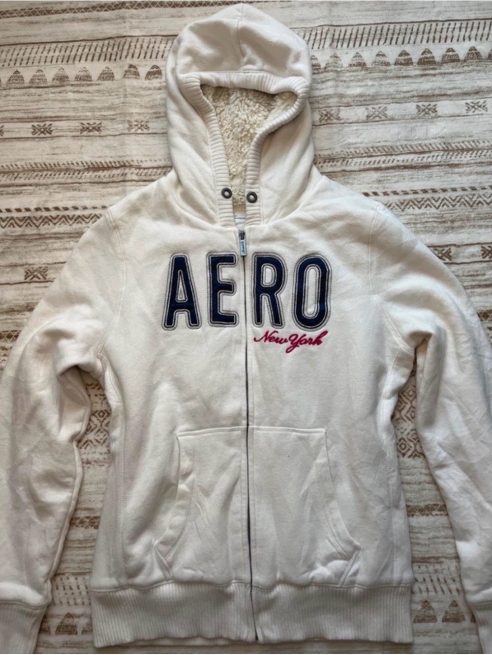 Aeropostale Cream Hooded Zip-Up Jacket with Navy Logo